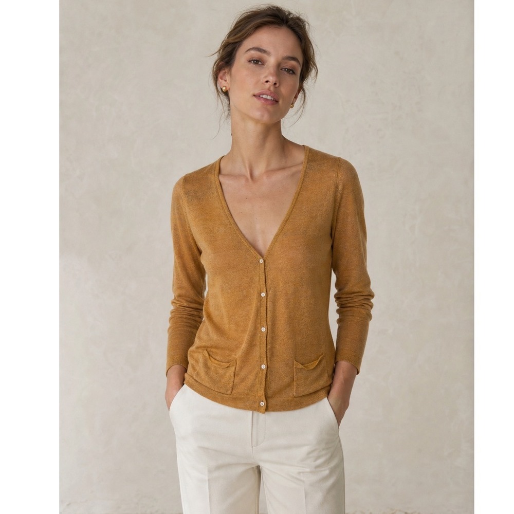 Hartford Womens Mustard Yellow Alpaca Wool Blend Lightweight Cardigan, Size 2